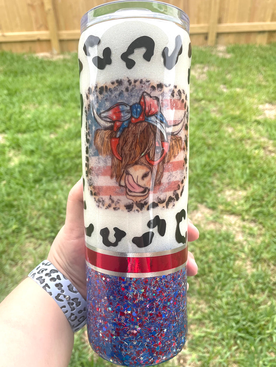 Highland Cow Leopard and Red, White & Blue Tumbler